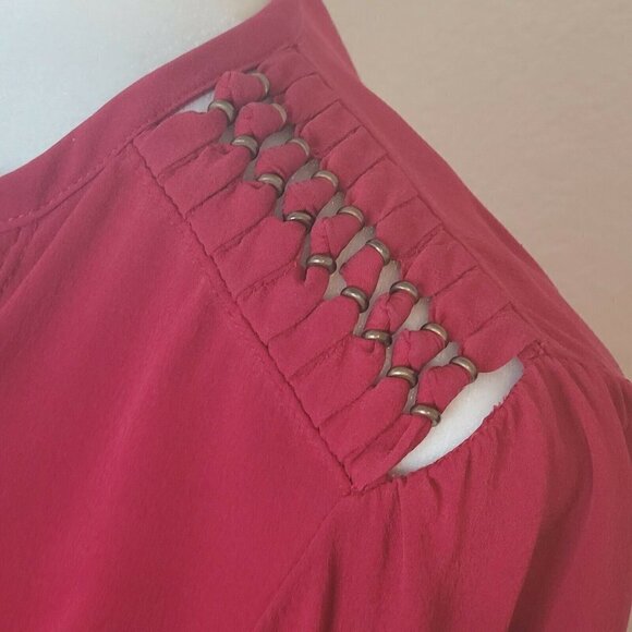 Diane von Furstenberg Deep Red and Gold Silk Keyhole Long Sleeve Blouse Size 0 - Picture 5 of 10